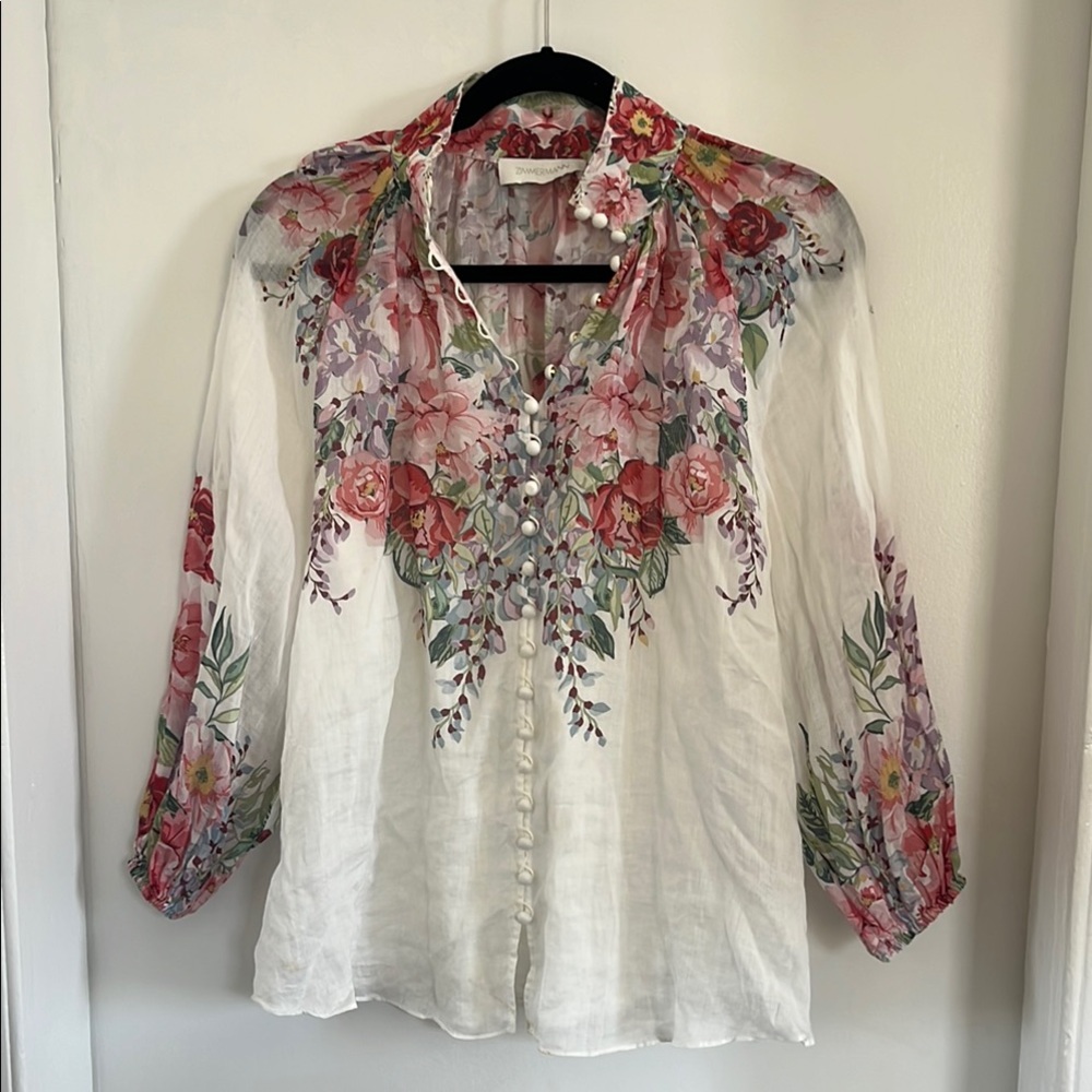 Zimmermann White Graphic 3/4 Sleeve Blouse